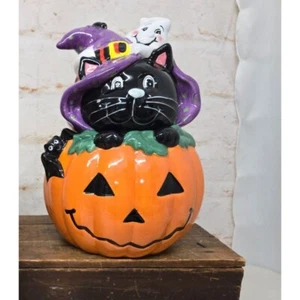 David's 12" Ceramic Cookie Jar Halloween Black Cat in Pumpkin Ghost - Picture 1 of 7