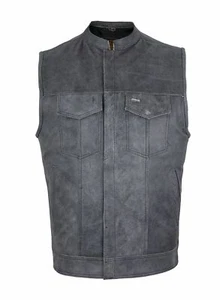 Men's Grey SOA Style Motorcycle Club Vest Naked Distressed Grey Cowhide Leather - Picture 1 of 6