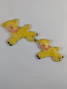 Chalkware MCM Yellow Sheep Pink Ribbons Wall Hangings Nursery Decor Set of 2 - Picture 1 of 9