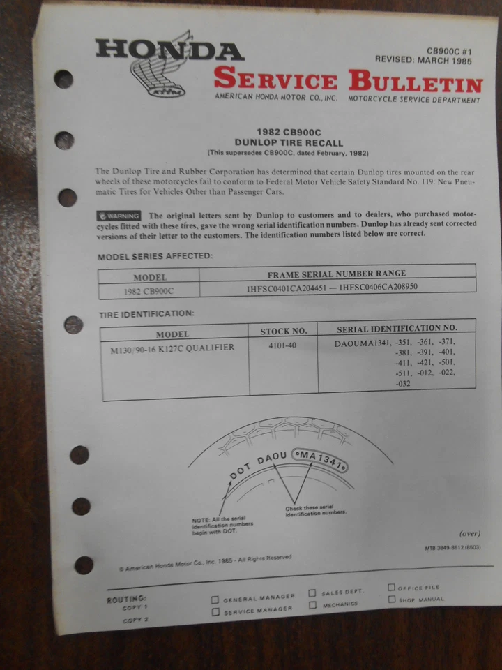 Boletín de servicio de fábrica de Honda Dunlop 1982 CB900C 3849-8612 de colección Foto 1 de 1