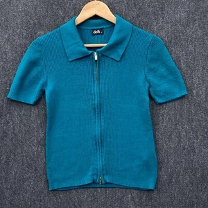 Dotti Womens Medium Full Zip Ribbed Knit Polo Top Teal Short Sleeve Collared - Picture 1 of 10