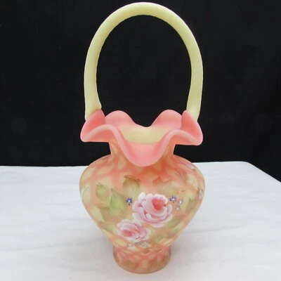 Fenton Burmese Diamond Optic Roses Hand Painted Basket Special Order 2003 W392 - Image 1 of 4