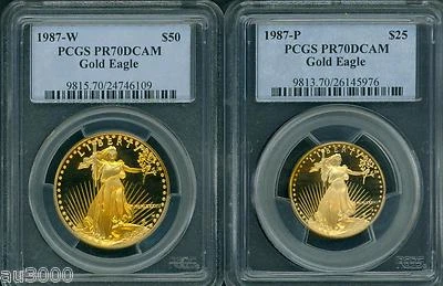 1987 2-COINs SET GOLD EAGLE 1987-W $50 & 1987-P $25 PCGS PR70 PROOF PF70 PF-70 ! - Image 1 of 2