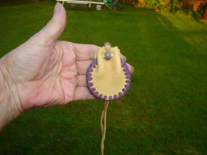 Native American Deerskin Leather Medicine Bag, Buckskin Necklace Pouch, 2" - Picture 1 of 8