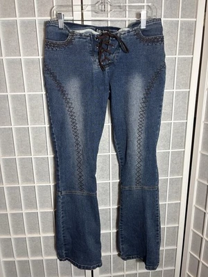 Vintage Y2k Street Code Flare Leg Lace Closure Jeans Low Rise Size 5 Boho - Image 1 of 4