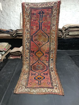 Very Old Antique Red Handmade Runner,  3.4x9.7ft, Red Faded Geometric Runner Rug - Image 1 of 4