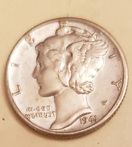 1941 "W" Silver Mercury Dime, "W" Mint Mark, Uncirculated, 90% Silver, Beautiful - Picture 1 of 3