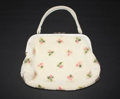 Винтажный люминесцентный шнурок бусина двусторонний бисером Дамская сумка сумочка слоновой кости цветочный Summer - Изображение 1 из 4