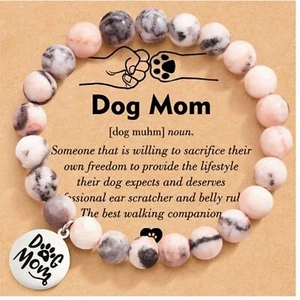 NEU NATURSTEIN VERSCHIEDENE PINKS HUND MUTTER CHARM STRETCHARMBAND MIT KARTE - Bild 1 von 4