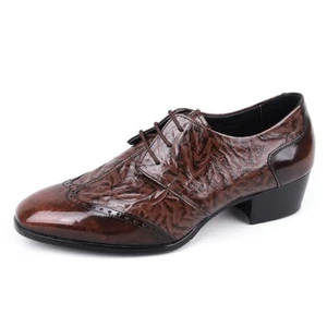 Men's leather wing tips open lacing wrinkle shape high-heels brown dress shoes - Picture 1 of 7