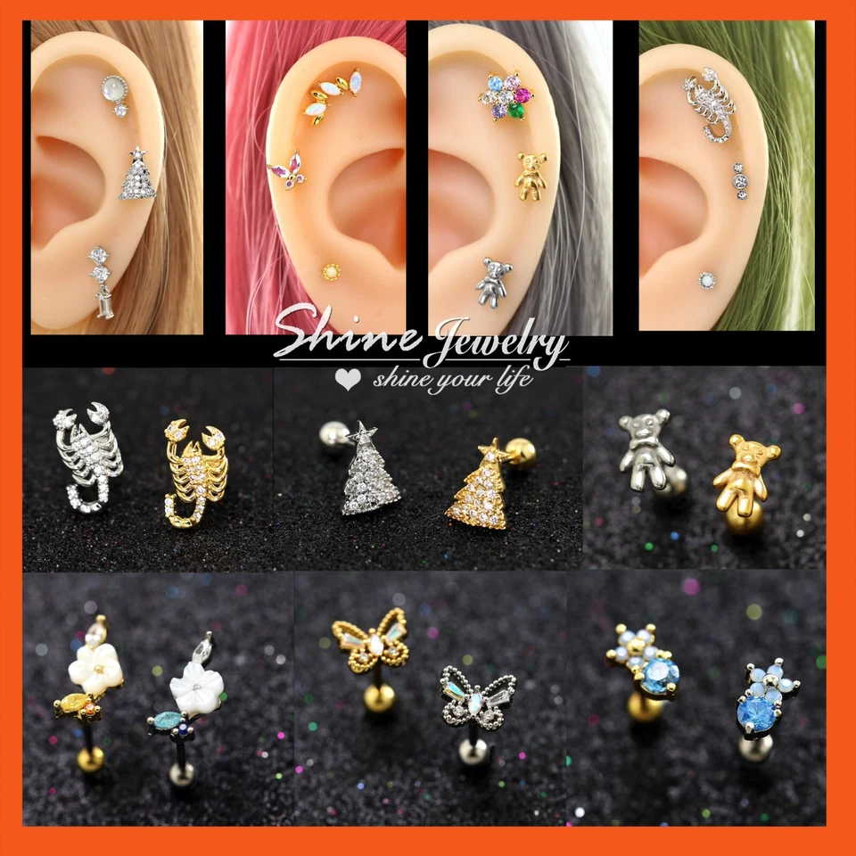 Gem Opal Ear Climber Cartilage Helix Conch Thread Ring Bar Stud Piercing Earring Foto 1 de 1