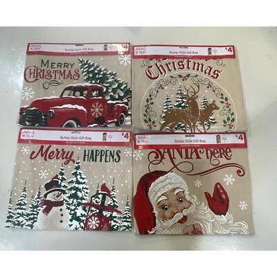 New 4 Pack Burlap Style Santa Sack Christmas Gift Bag Decoration Reindeer Truck - Image 1 of 4