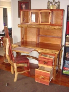 Rustic Cedar Wood Secretary Personal Desk Live Edge Half Log Trim Bookmatch Top - Picture 1 of 5