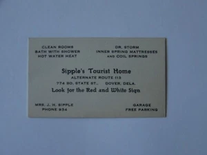 Dover Delaware DE Siple's Tourist Homes Business Card - Picture 1 of 2
