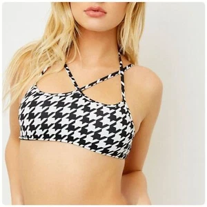 Women's Frankie's Bikinis Houndstooth Black White Halter Strappy Top Baddie - Picture 1 of 7