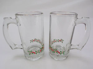 Pair Christmas Beer Mugs Holly Garland Heavy Weight 12oz Gold Rim Libbey b23 - Picture 1 of 9