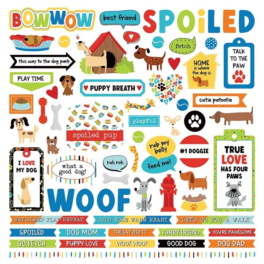 BOW WOW 12x12 Element Sticker Sheet PhotoPlay Paper Scrapbook Planner Dog Puppy - Image 1 of 1
