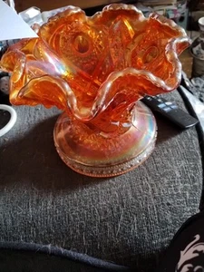 Vintage Fenton Grape Marigold Carnival Glass Bowl Orange 22cm Ruffled Iridescent - Picture 1 of 12