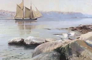 Pintura al óleo Gunnar Bundgaard 1920-2005 Mariager Fjord artista danés arte danés - Imagen 1 de 14