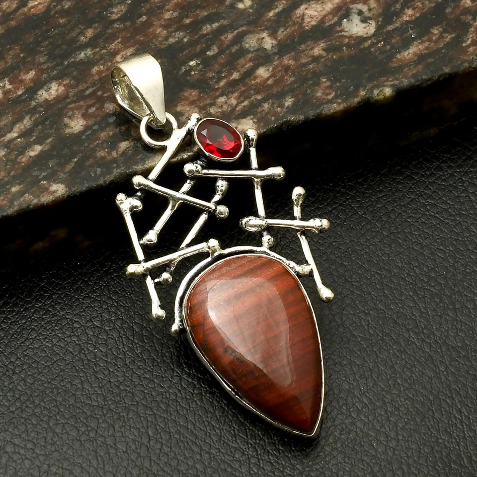 Colgante étnico hecho a mano de piedras preciosas granate jaspe arco iris rojo joyería 2,8" AP-43869 Foto 1 de 1