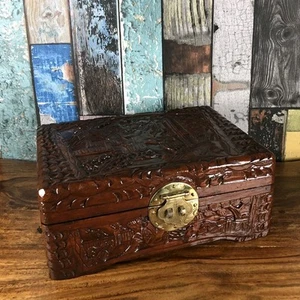 Rare Stunning Chinese Vintage Hand Carved Wood Jewellery Trinket Box Dark Brown - Picture 1 of 15