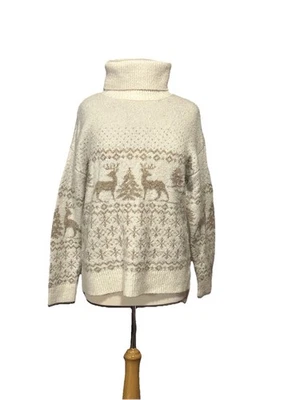 Suéter de Natal cupcakes e cashmere gola alta renas dourado metálico em excelente estado usado - Imagem 1 de 4