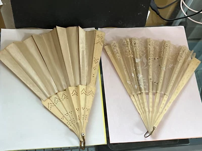 2) Antique Victorian Folding HAND FANS Made of Lace Satin and Bone - c1890 - Image 1 of 4