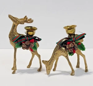 Vintage Brass Deer MCM Buck Stag Doe Candle Holder Pair with Christmas Winter - Picture 1 of 21