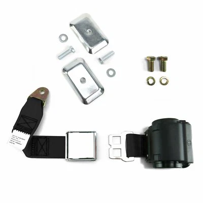 2pt Black Airplane Buckle Retractable Lap Seatbelt w/Plate Hardware harness - Image 1 of 4