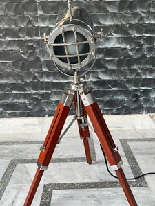 Chrome Antique Aluminum Wooden Tripod Floor Lamp living Room Study lamp Adjust - Picture 1 of 5