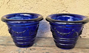 2 COBALT GLASS JARDINIERE FLOWER PLANTER POTS SPAIN BLUE RECYCLED HAND MADE - Picture 1 of 12