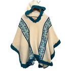 Milmarte Womens Cream Teal 100% Wool Embroidered Hooded Blanket Poncho One Size