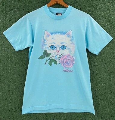 Vintage 80’s Cat Kitten Atlanta Single Stitch Distressed T-Shirt Women’s Small - Image 1 of 4