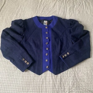 VTG dirndl trachten pure wool crop jacket, Indigo Blue, folk Austrian Bavarian - Picture 1 of 17