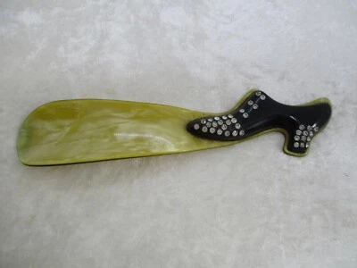 Cuerno de zapato vintage de celuloide y estrás jaspeado verde elegante para dama Foto 1 de 4