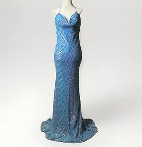 Y2K Blue Sequin Maxi Dress M Open Back Sheer Overlay Glam Prom Formal Gown - Picture 1 of 12