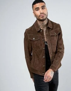 Chaqueta de camionero de gamuza marrón para hombre gamuza pura hecha a medida talla S M L XL 2XL 3XL - Imagen 1 de 7