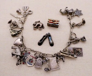 Vintage Sterling ~ CHARM BRACELET ~Silver Moveable Mechanical Elephant Bulldog - Picture 1 of 5