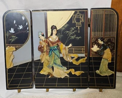 Beautiful Japanese Asian Lacquer 3 panel Carved Soapstone Embossed Table Screen - Image 1 of 4