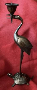 Bronze? Kranich Reiher auf Schildkröte Buddhistischer Altar Kerzenhalter Shokudai Vintage - Bild 1 von 16