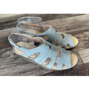 Skechers Wedge Blue Suede Leather Memory Foam Comfort Sandal Size 7 - Picture 1 of 10