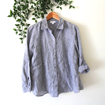 J.Jill Love Linen Gray Long Sleeve Button Down Collared Top Size Small PETITE - Image 1 of 4
