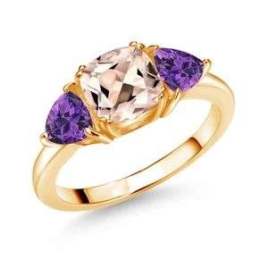 18K Yellow Gold Plated Silver Peach Morganite and Amethyst 3 Stone Engagement - Picture 1 of 3