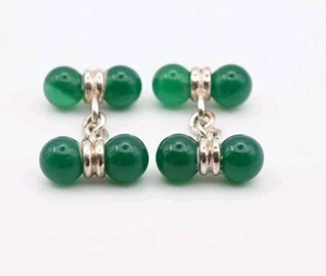 Vintage Sterlingsilber Grün Fluorit Kugel Cabochon Rund Manschettenknöpfe Hochzeit - Bild 1 von 2