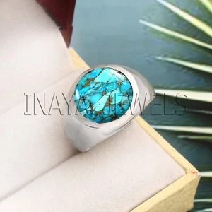 Blue Copper Turquoise Men's Gift Ring Solid 925 Sterling Silver Handmade Ring - Picture 1 of 3