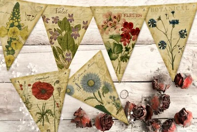 CUSH-N-CRAFT Vintage Style Summer Floral Botanical Bunting/Banner with Organza Ribbon - 3m