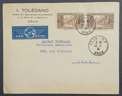 Sobre comercial Oran Argelia Judaica 1941 cubierta "I. Toledano". enviado a lyon Foto 1 de 3