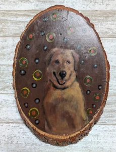 Sweet Original Oil Painting Golden Retriever on Live Edge Wood Slab Greg Braken - Picture 1 of 9