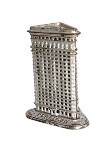 CAST IRON "FLAT IRON BUILDING BANK (SMALL TRAP)" STILL BANK - Picture 1 of 5