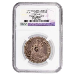 Great Britain (1797-99) $1/2 Half Dollar Counter Stamp ESC-611 on Spain 1792 4 R - Picture 1 of 4